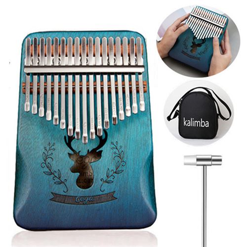 Kalimba Pouce Piano 17 Touches en acajou avec sac marteau et livret de musique pour debutants enfants-bleu