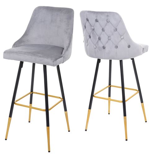 2x tabouret de bar MENDLER HWC-E70 velours gris pieds dorés