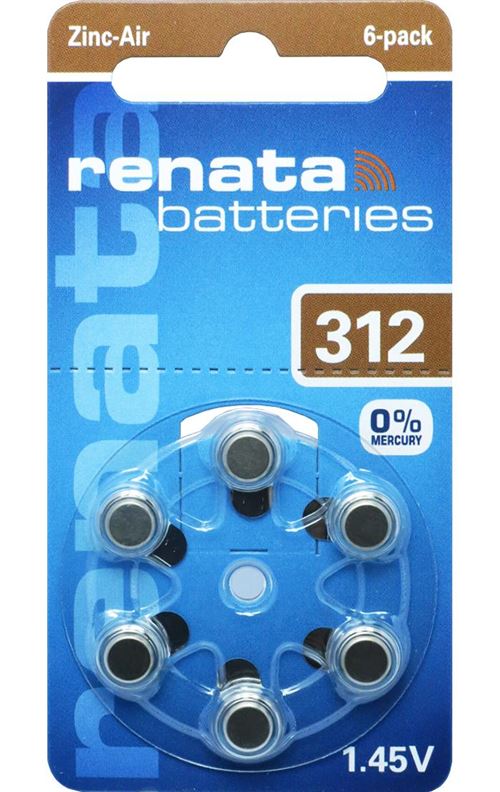 Blister de 6 Pile auditive ZA312 Zinc Air 0% Mercury 1,45V
