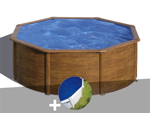 Kit piscine acier aspect bois Gré Pacific ronde 3,70 x 1,22 m + Bâche à bulles