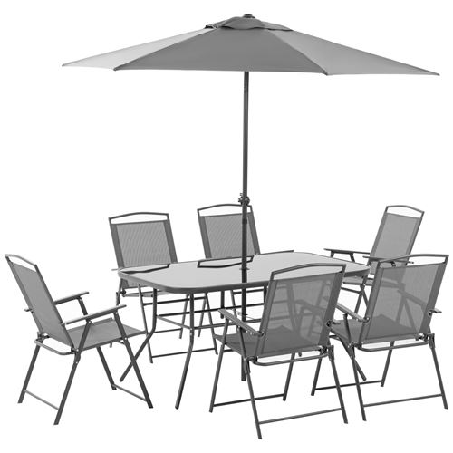 Ensemble salon de jardin 6 places 8 pièces - parasol, table, 6 chaises pliantes - métal époxy textilène polyester gris