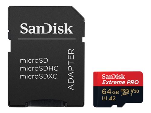 SanDisk Extreme Pro - Carte mémoire flash (adaptateur microSDXC vers SD inclus(e)) - 64 Go - A2 / Video Class V30 / UHS-I U3 / Class10 - microSDXC UHS-I