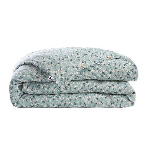 Housse de Couette 140x200cm Gaze de Coton Coloris Bleu Motifs Fleurs - ALLISON - ALTOBUY