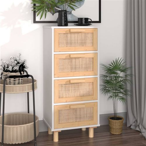Non Communiqué Blanc Buffet 40X30x90 Cm Bois De Pin Massif Et Rotin Naturel