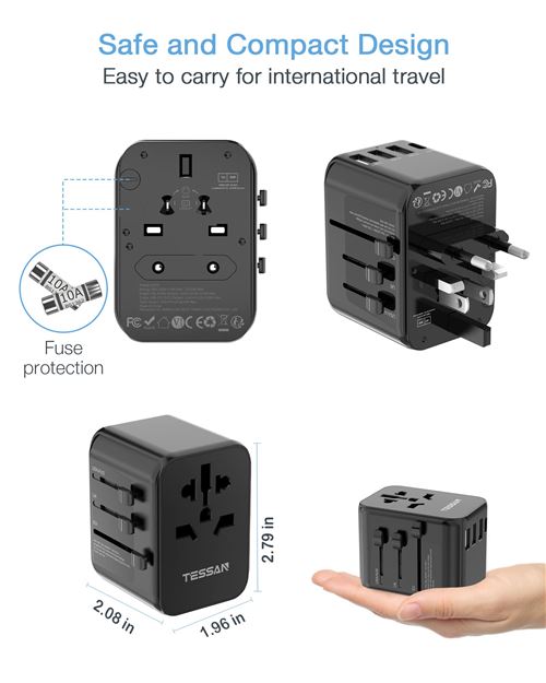 Tessan Adaptateur Voyage Universel, International Prise Universelle avec 4  USB, 5 en 1 Chargeur USB pour