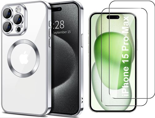 Coque Silicone Pour iPhone 15 Pro Max Couleur Argent Compatible Magsafe + 2 Verres Trempe Protection Ecran Little Boutik®
