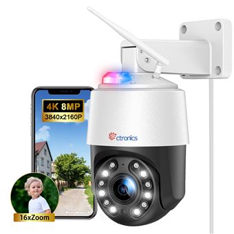 Ctronics 4K Caméra de Surveillance Extérieure WiFi 2,4/5GHz, Suivi Auto Personas/Vehículos/Animales, 24/7 Visión Nocturna UHD IR, PC/App, FTP/Cloud/256GB TF, 8 Preajustes, SD 64GB Incluida,Techo/Pared