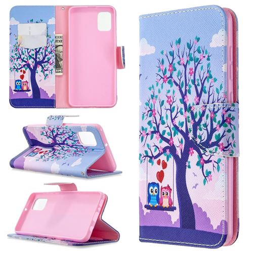 Etui en PU impression de modèle flip avec support arbre et couple hiboux pour votre Samsung Galaxy A31