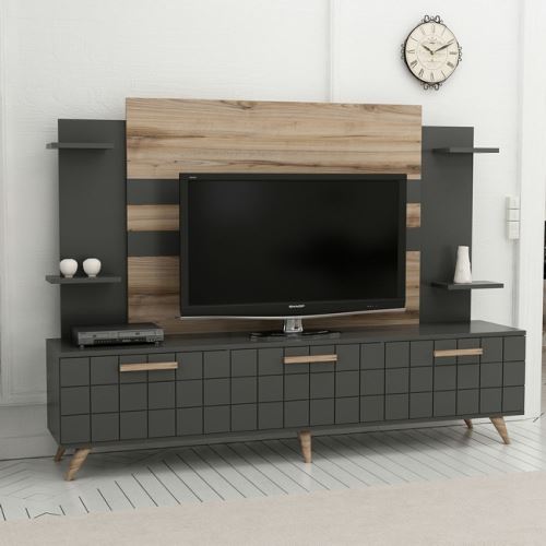 HOMEMANIA Meuble TV Grace Moderne - avec Portes, Étagères - pour Salon - Noyer, Anthracite en Bois, 180 x 35 x 136 cm