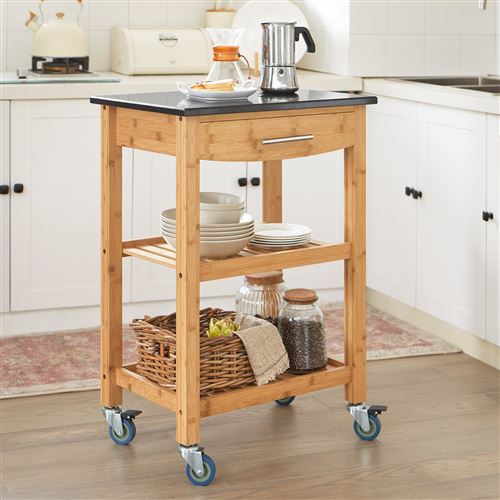Chariot de cuisine de service roulant, Desserte sur roulettes en bambou Plateau en Granit L58xP40xH87cm (Noir) SoBuy® FKW28-SCH