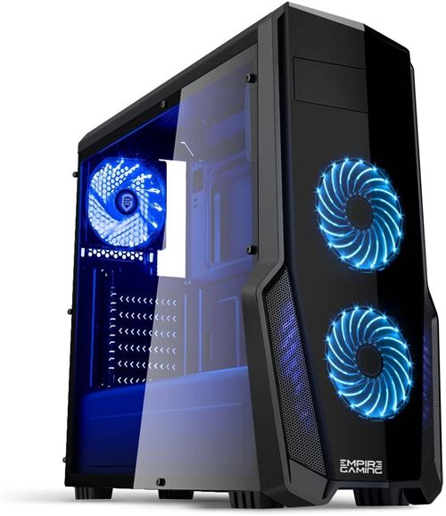 EMPIRE GAMING - Boitier PC Gamer WareFare Noir - 3 Ventilateurs LED Bleu 120 mm - Paroi teinté et Transparent - Compatible ATX/mATX/mITX