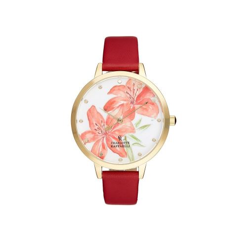 Montre Femme Charlotte Rafaelli Cadran 38mm En Acier Multicolore Et Bracelet Rouge En Cuir Authentique CRF017