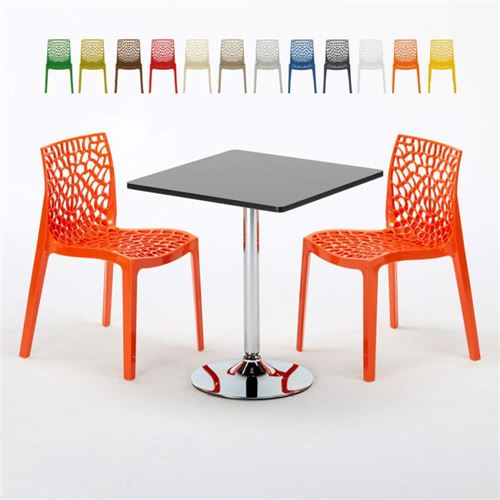 Table Carrée Noire 70x70cm Avec 2 Chaises Colorées Grand Soleil Set Intérieur Bar Café Gruvyer Mojito, Couleur: Orange