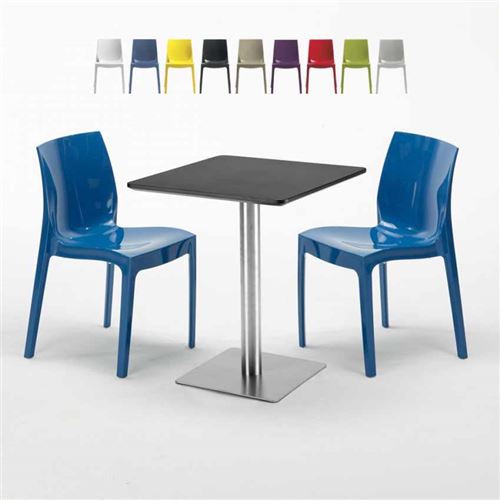 Table carrée 60x60 cm Base Argent E Top Noir Avec 2 Chaises Colorées Ice Pistachio, Couleur: Bleu
