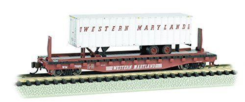 Bachmann 526 Flat Car with 35 Ribbed Piggyback Trailer - WESTERN MARYLAND with WESTERN MARYLAND TRAILER - N Scale