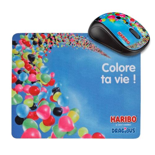 SHOP-STORY - Souris optique sans fil avec tapis de souris Dragibus Haribo - Bleu