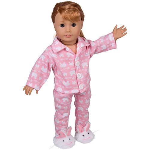 Dress Along Dolly Bunny Doll Pajamas for 18 Dolls 3 Pcs Outfit Including Bunny Shirt, Pants, and Bunny Slippers