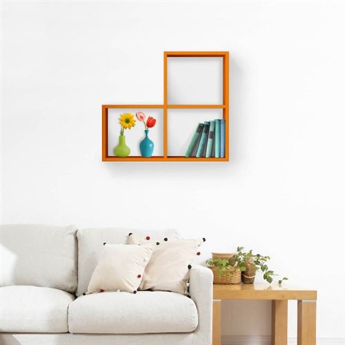 HOMEMANIA Étagère Cats - Murale Flottante, pour Livres - avec Sticker - pour Séjour, Chambre - Orange en Bois, 70 x 20 x 62 cm