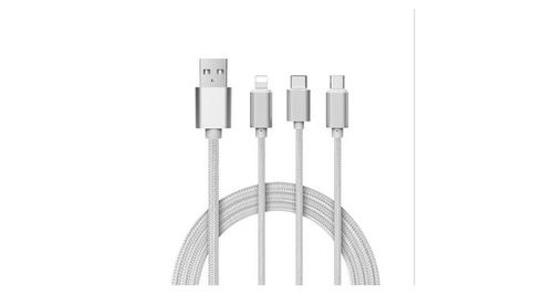 Cable 3 En 1 Pour Huawei P10 Android, Apple & Type C Adaptateur Micro Usb Lightning 1,5m Metal Nylon (argent)