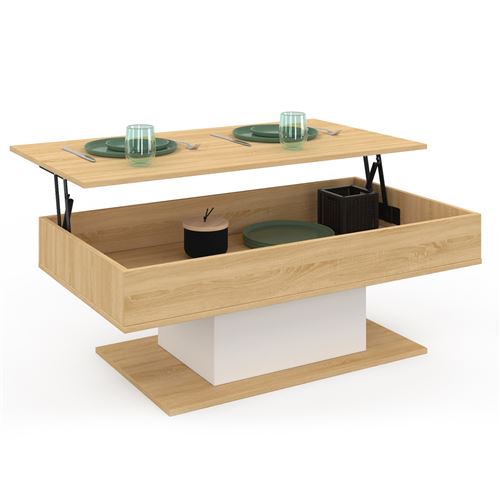 Non Communiqué Bois Table Basse Plateau Relevable Rectangulaire Eden Et Blanc