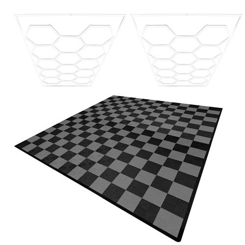 Monstershop Hexagon LED Lights x 2 & Vented Garage Floor Tiles With Edges - 120 in Black