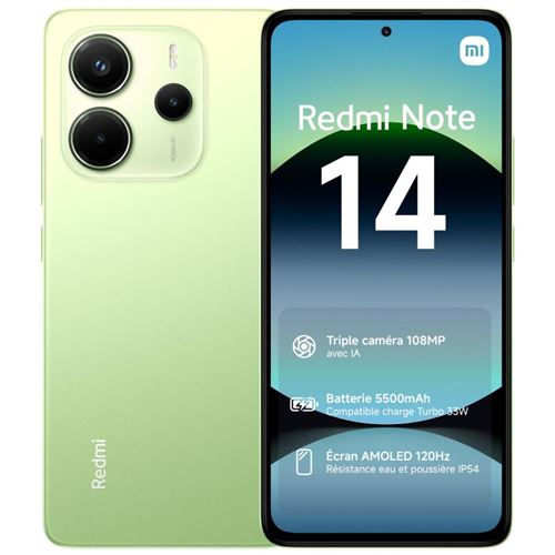 Xiaomi Redmi Note 14 - 4G smartphone - double SIM - RAM 6 Go / Mémoire interne 128 Go - microSD slot - écran OEL - 6.67 - 2400 x 1080 pixels (120 Hz) - 3 x caméras arrière 108 MP, 2 MP, 2 MP - front camera 20 MP - citron vert