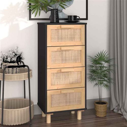 Non Communiqué Noir Buffet 40X30x90 Cm Bois De Pin Massif Et Rotin Naturel