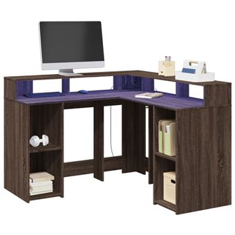 Bureau et lumières LED chêne marron bois d ingénierie - 1
