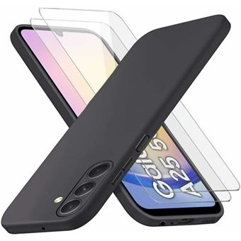 HQSELECTION® Coque Silicone NOIR Mat Pour Samsung Galaxy A25 5G + 2 Verre trempé Film Protection écran - Anti Rayures - Ultra Résistant Dureté 9H - 1