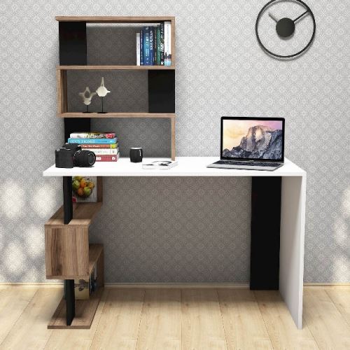 HOMEMANIA Bureau Snap avec Bibliothèque Intégrée, Étagères - pour Bureau, Chambre - Blanc, Noyer, Noir en Bois, 120 x 60 x 148,2 cm