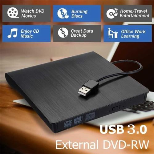 Lecteur CD / DVD externe, Brûleur, Plug & Play, Lecteur DVD USB 3.0, Convient pour