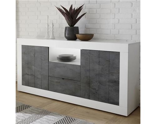 Bahut 180 cm moderne blanc effet béton gris URBAN 6 - L 180 x P 42 x H 86 cm