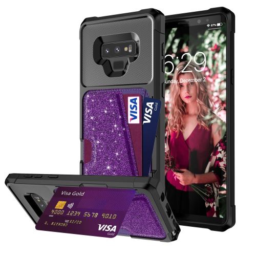 Etui en PU absorption magnétique scintillante avec porte-cartes violet pour votre Samsung Galaxy Note9 N960