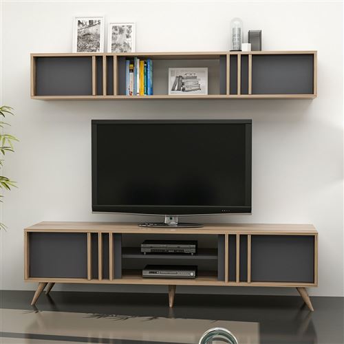 HOMEMANIA Bren TV-Kast- Modern - met deuren, planken, planken - van woonkamer - Walnoot, Antraciet in hout, 180 x 25 x 29 cm
