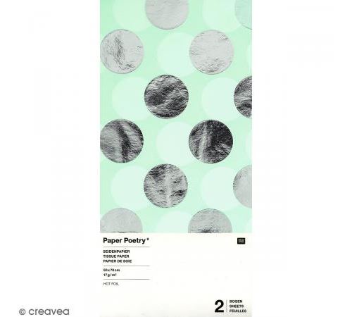 Papier de soie - Pois argentés sur fond vert menthe - 50 x 70 cm - 2 pcs