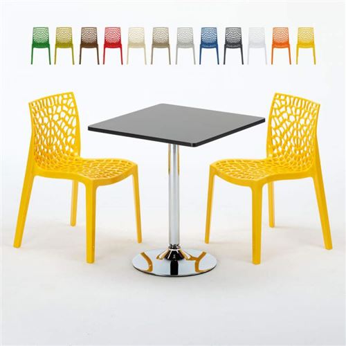 Table Carrée Noire 70x70cm Avec 2 Chaises Colorées Grand Soleil Set Intérieur Bar Café Gruvyer Mojito, Couleur: Jaune