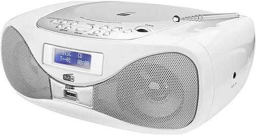Radio avec CD • Radio numérique • Radio FM • Boombox • Lecteur CD • Haut-Parleur stéréo • Entrée AUX • Port USB • Alimentation Secteur/Batterie • Portable • Blanc.