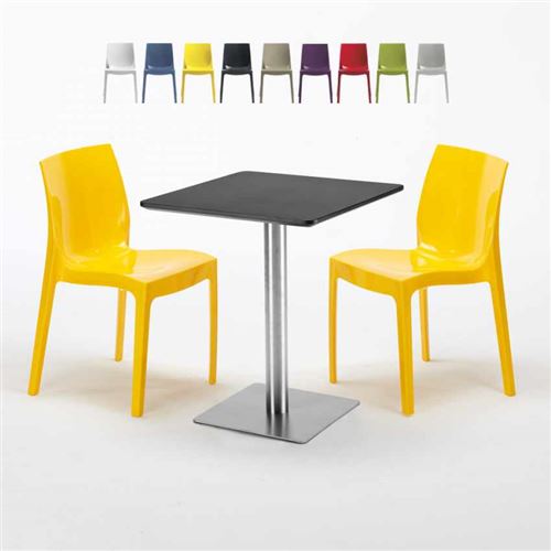 Table carrée 60x60 cm Base Argent E Top Noir Avec 2 Chaises Colorées Ice Pistachio, Couleur: Jaune