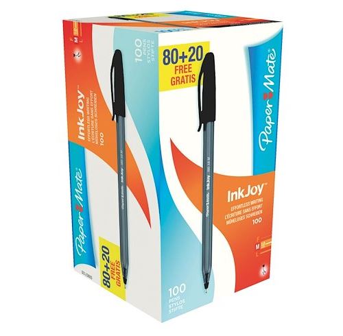 Stylo Bille Inkjoy 100 À Capuchon Noir - Lot De 100 Dont 20 Gratuits - Noir - Papermate