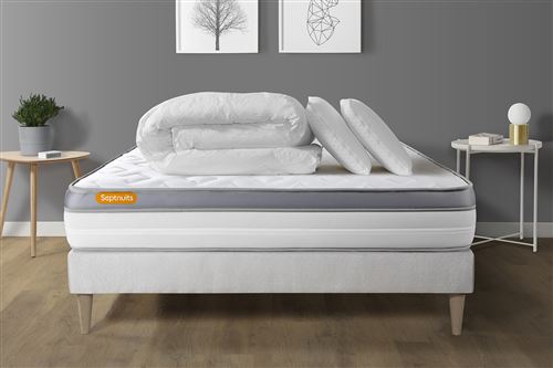 Pack matelas + sommier kit blanc 180x200 Memo Zen Mousse à mémoire de forme MAXI épaisseur + Couette + 2 oreillers