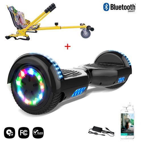 Cool&Fun Hoverboard 6.5 Pouces, Gyropode avec Bluetooth et Pneu à LED de couleur Noir + Hoverkart Hip - Kit Kart