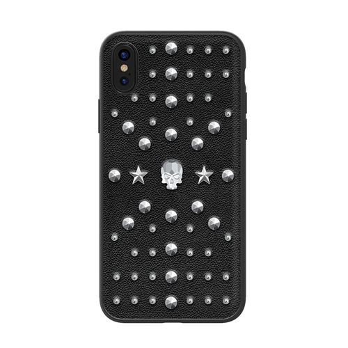 Etui en PU cristaux bayer revêtue rivet en cuivre crâne argent ombre pour votre Apple iPhone X