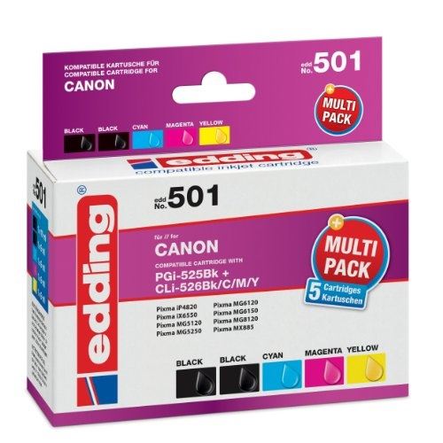 Edding 18-501 lot de 2 cartouches dencre edd-501 remplaçant le modèle canon pgi-525bk + cli526bk-y noir + 3 couleurs
