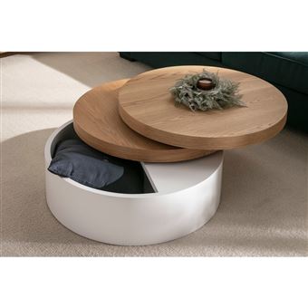 Table Basse Ronde Avec Plateaux Pivotants Et Rangement Blanc Et