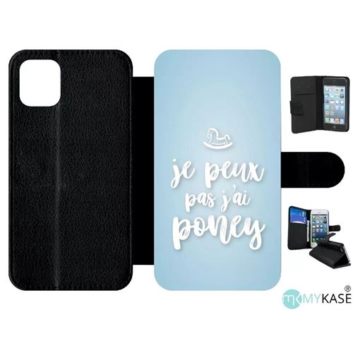 Etui My-Kase pour iPhone 11 - je peux pas jai poney fond bleu pale - Simili-cuir Noir