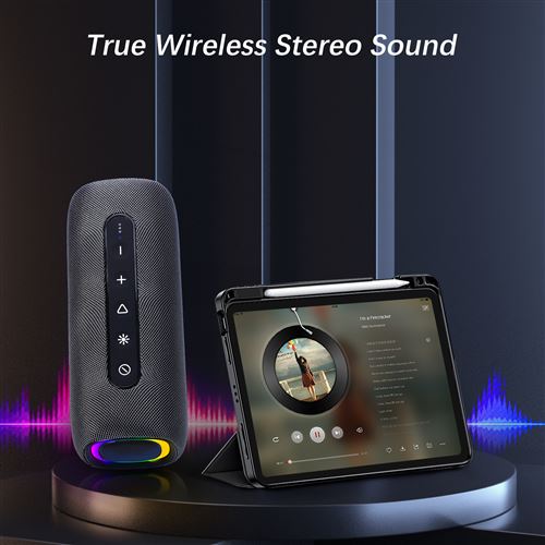 Enceinte Bluetooth Lumineuse Portable - 19 Modes Lumière, Bluetooth 5.3, Batterie 3600mAh - Double Appairage Stéréo, Radio FM, USB, AUX