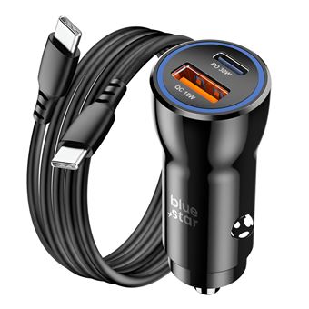 Chargeur Voiture USB-C 30W + USB 18W + Câble USB-C Design Compact Blue Star Noir - 1