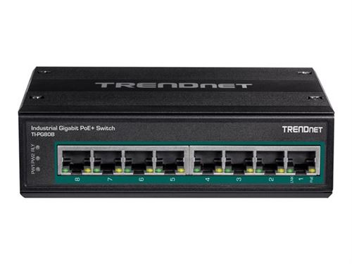 TRENDnet TI-PG80B - Commutateur - non géré - 8 x 10/100/1000 (PoE+) - Montage sur rail DIN fixation murale - PoE+ (200 W) - Tension CC