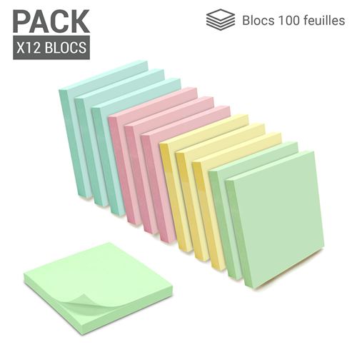 1200 Notes autocollantes repositionnables pack 12 blocs de 100 feuillets 75 x 75 mm 4 couleurs pastel assorties