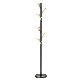 Porte-manteaux ZENO portant à vêtements sur pied en forme d'arbre, 6 crochets sur différentes hauteurs, en métal laqué noir/doré - 1